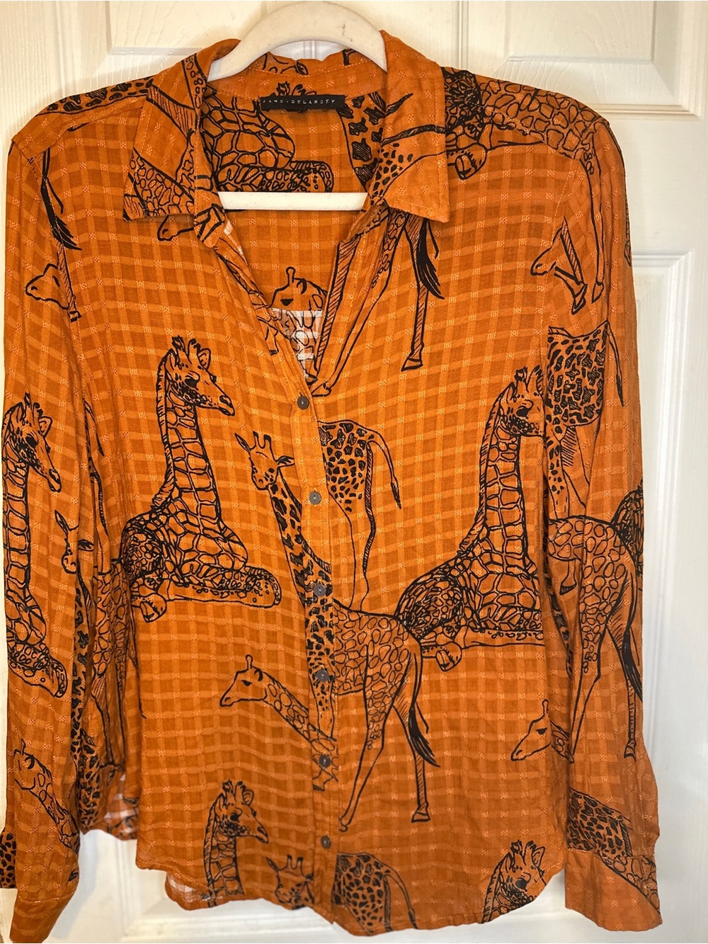 Jane and Delancey Orange Button-Down Giraffe Print Shirt